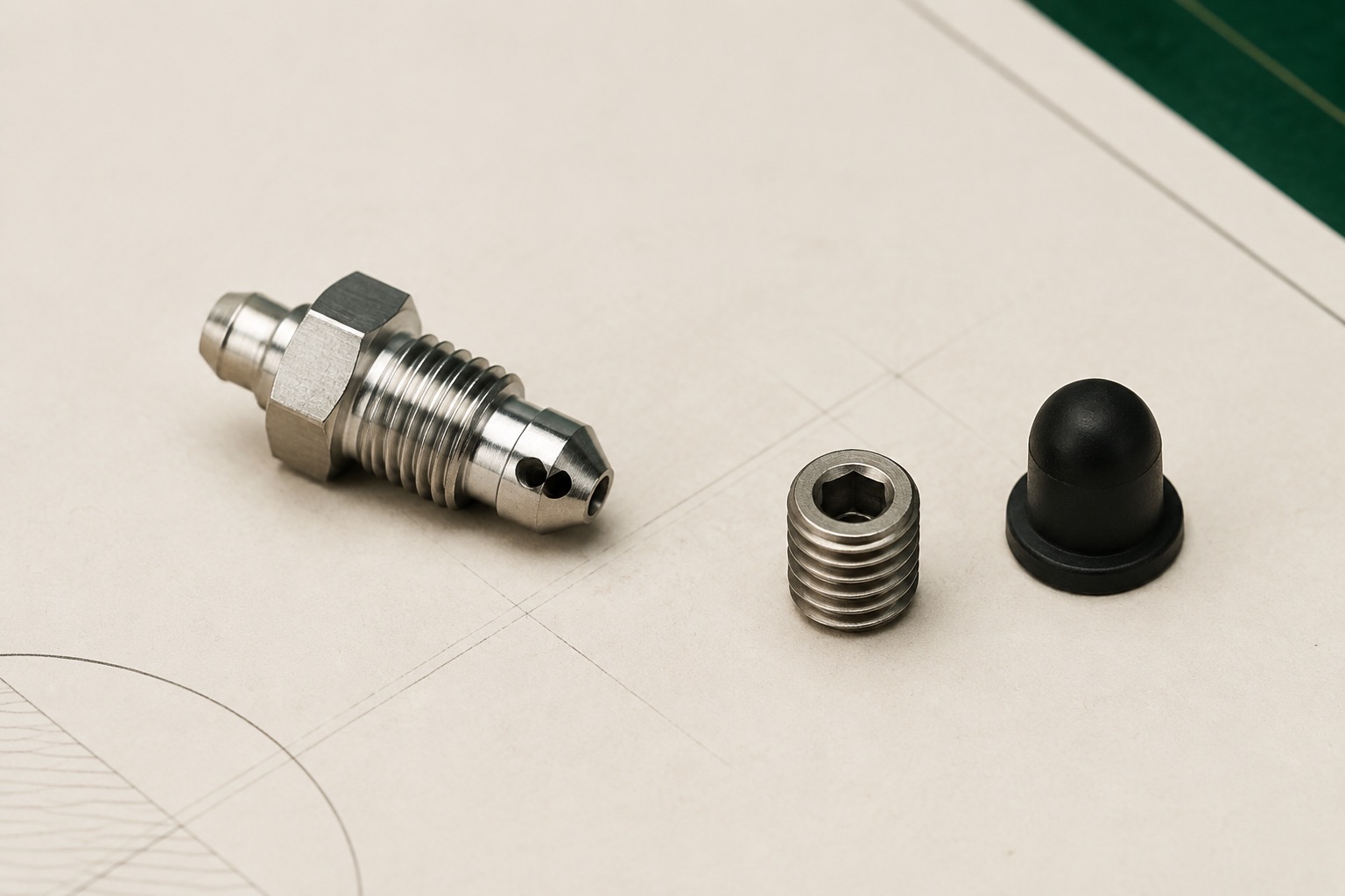 Brake bleed nipple, thread repair insert and rubber protective cap